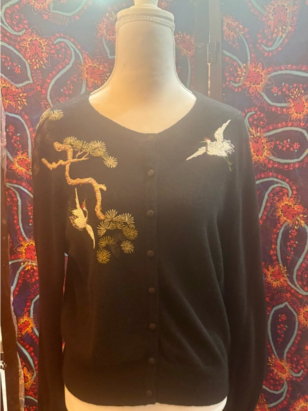 Lucky Brand Black Embroidered Crane Cardigan